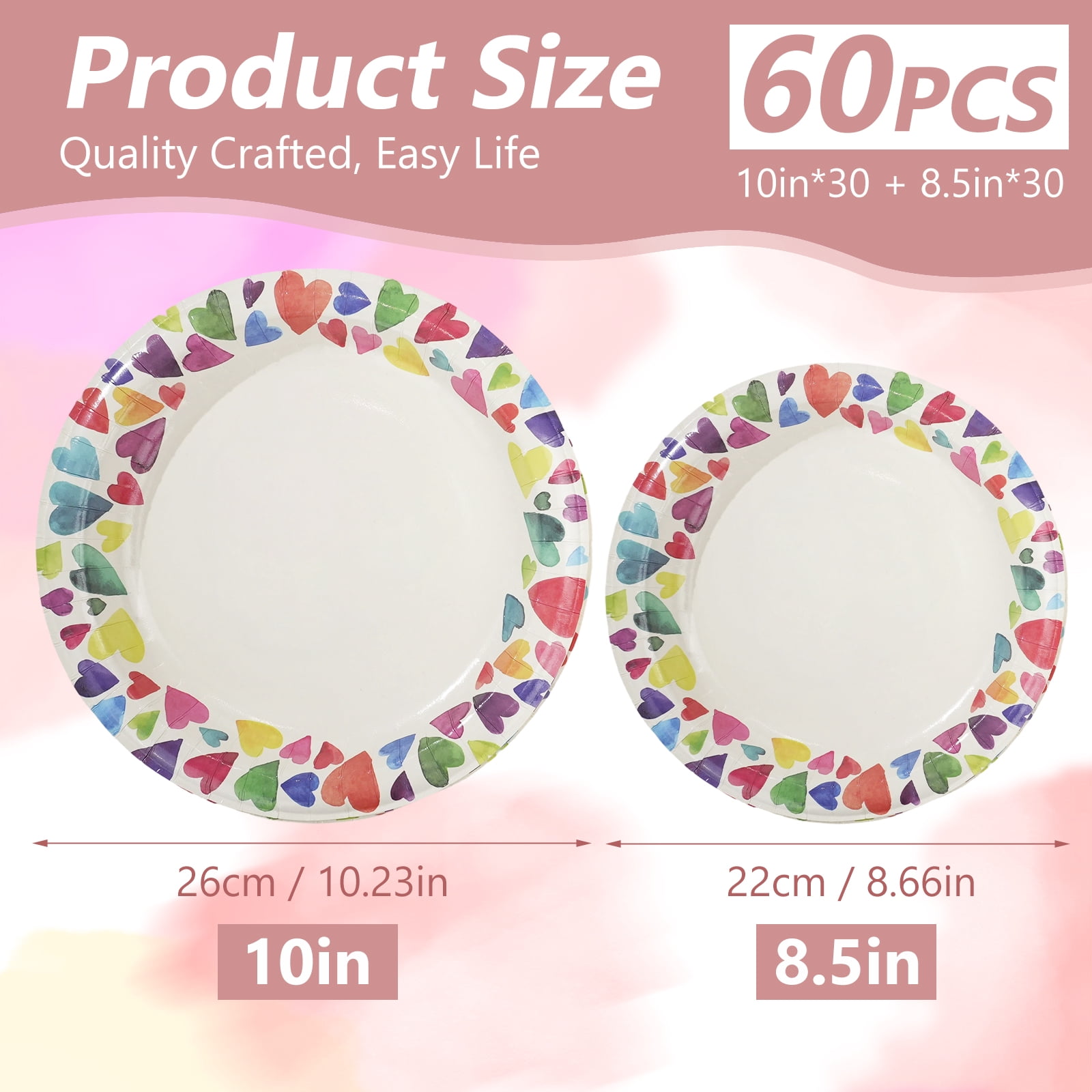 60 Pcs Paper Plates Sets Disposable, 30 Pcs 8.5inch Plates and 30 Pcs 10inch Plates, Compostable Round Multi Color Plates for Party, Valentine's Day, Microwaveable Plates for Dinner and Everyday Use