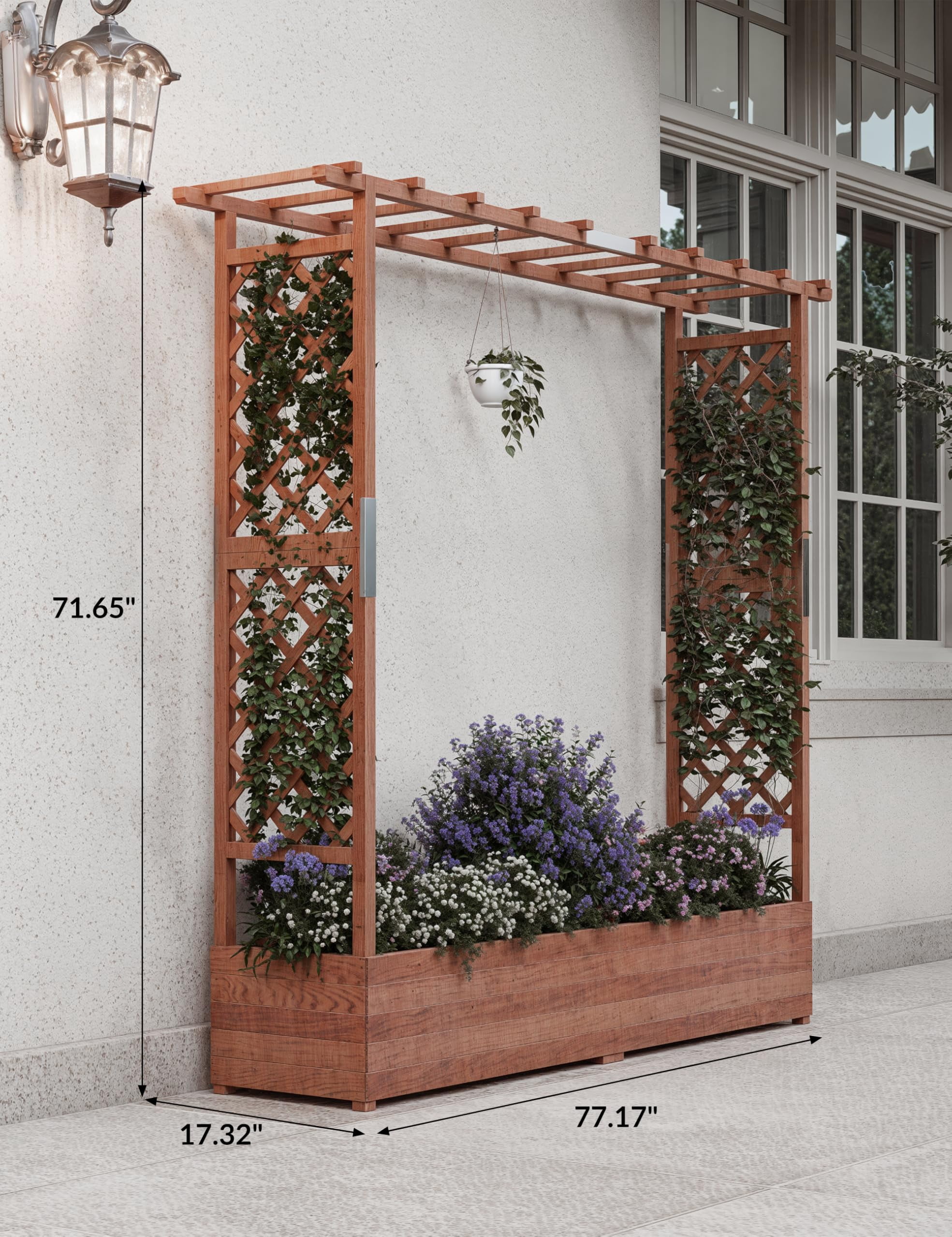 Goldensoil 77"x17"x72" Raised Garden Bed with Trellis, Wooden Elevated Planter Box with Hanging Roof
