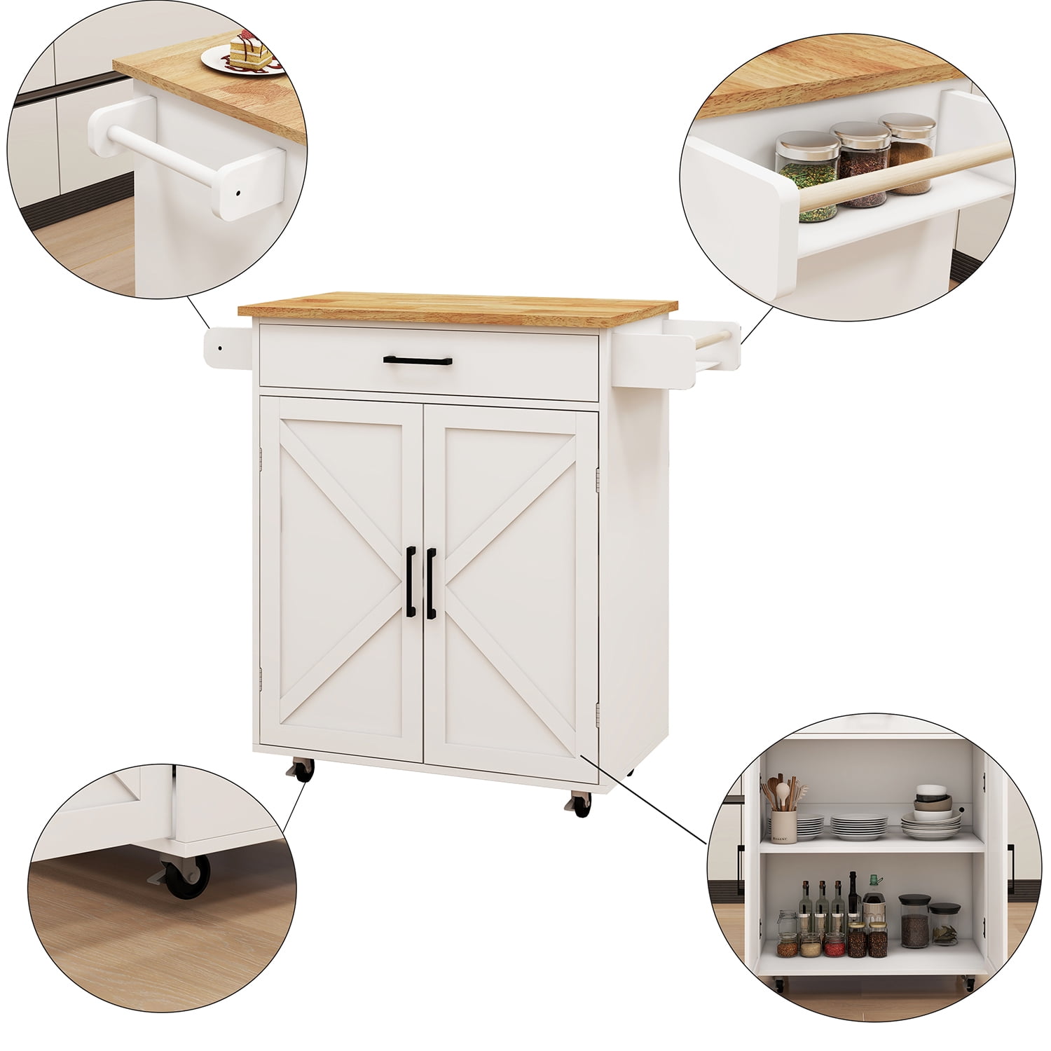 MDQMD Kitchen Island on Wheels, 2-Door Cabinet, Storage Drawer, Open Shelf, Kitchen Storage Island with Large Worktop,Kitchen Serving Cart for Dining Room Bar (White)