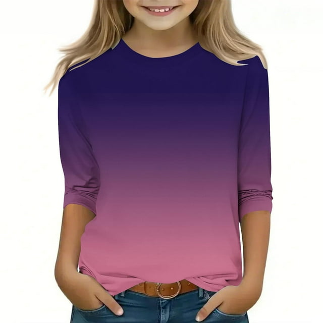 MKOSPLRT T-Shirts à Col Rond pour Enfants Manches 3/4 T-Shirts de Détente T-Shirts Tendance Dégradé Y2K T-Shirts Légers pour Sortir Cadeaux pour Fille