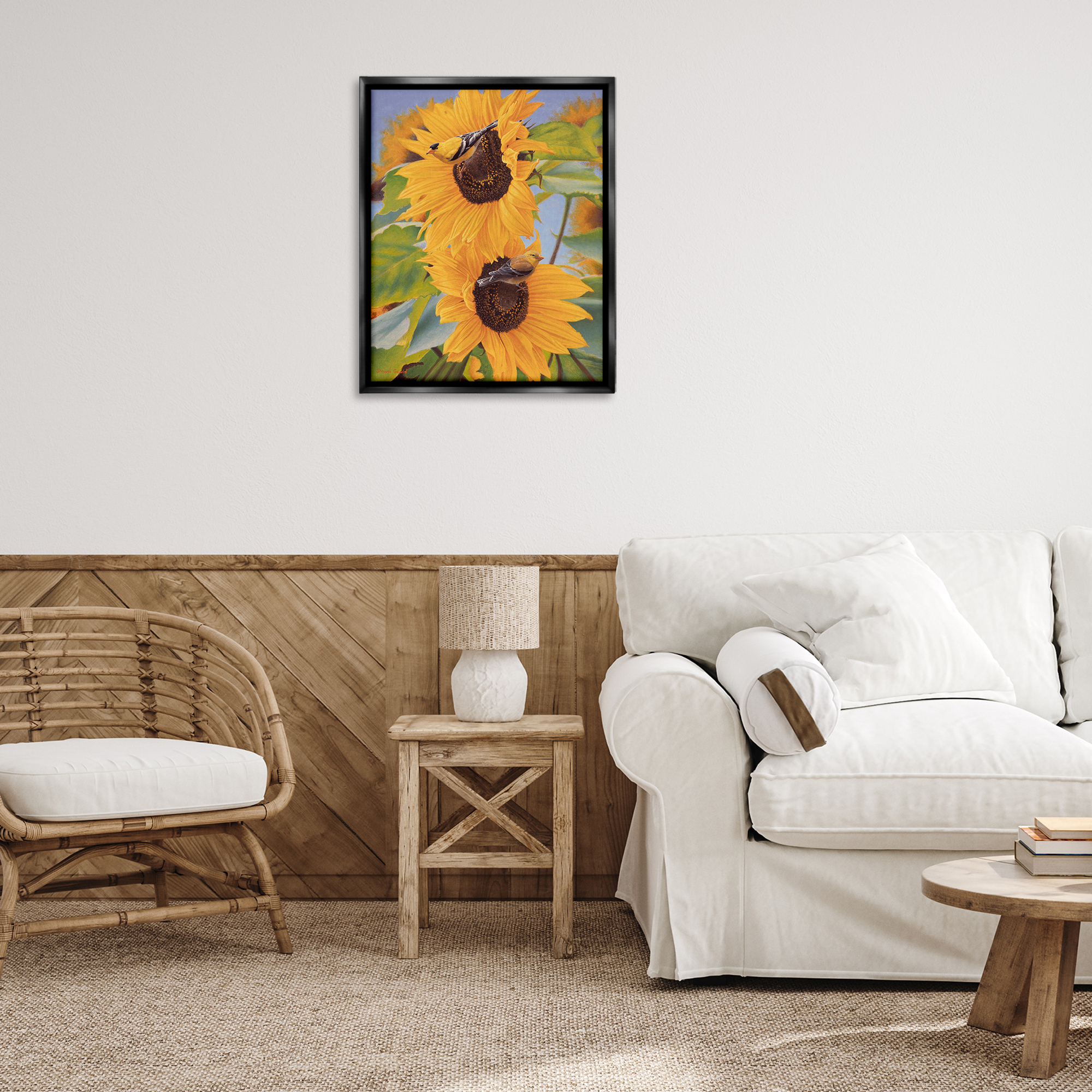 Stupell Industries Yellow Bird & Sunflowers Plants & Flowers Photography Black Floater Framed Canvas Art Print Wall Art, 25 x 31