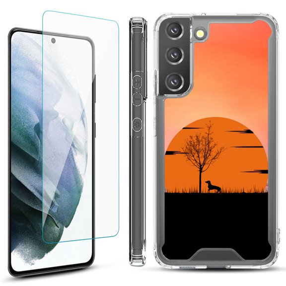 Shockproof Bumper Phone Case for Samsung Galaxy S22  / S22 Plus 5G, with Tempered Glass Screen Protector, by OneToughShield ® - Sunset Dachshund