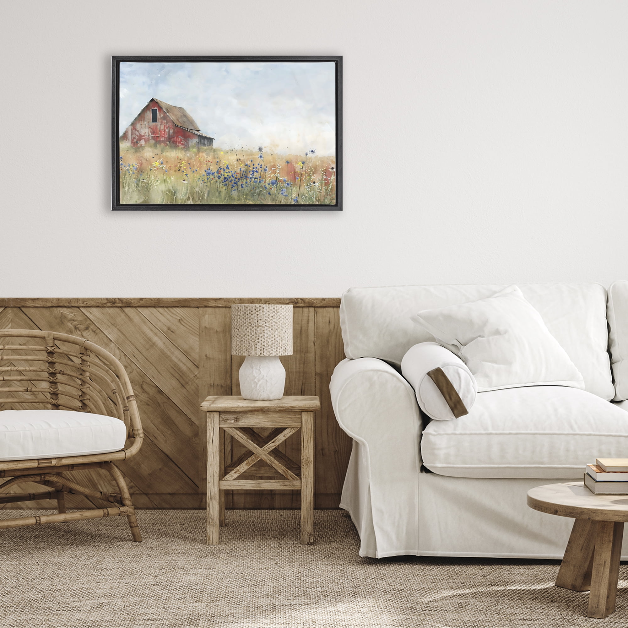 Stupell Industries Rustic Barn in Colorful Meadow Black Framed Floater Canvas Wall Art, design by Creative Studio