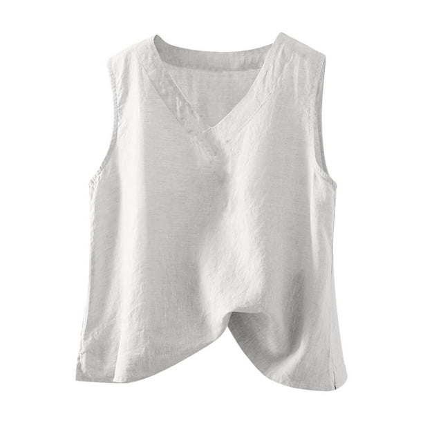 Vestidos Casuales Para Mujer, Blusas De Mujer De Moda Jersey de cuello en V con abertura y dobladillo de lino sintético de color liso para mujer, camiseta de tirantes de moda
