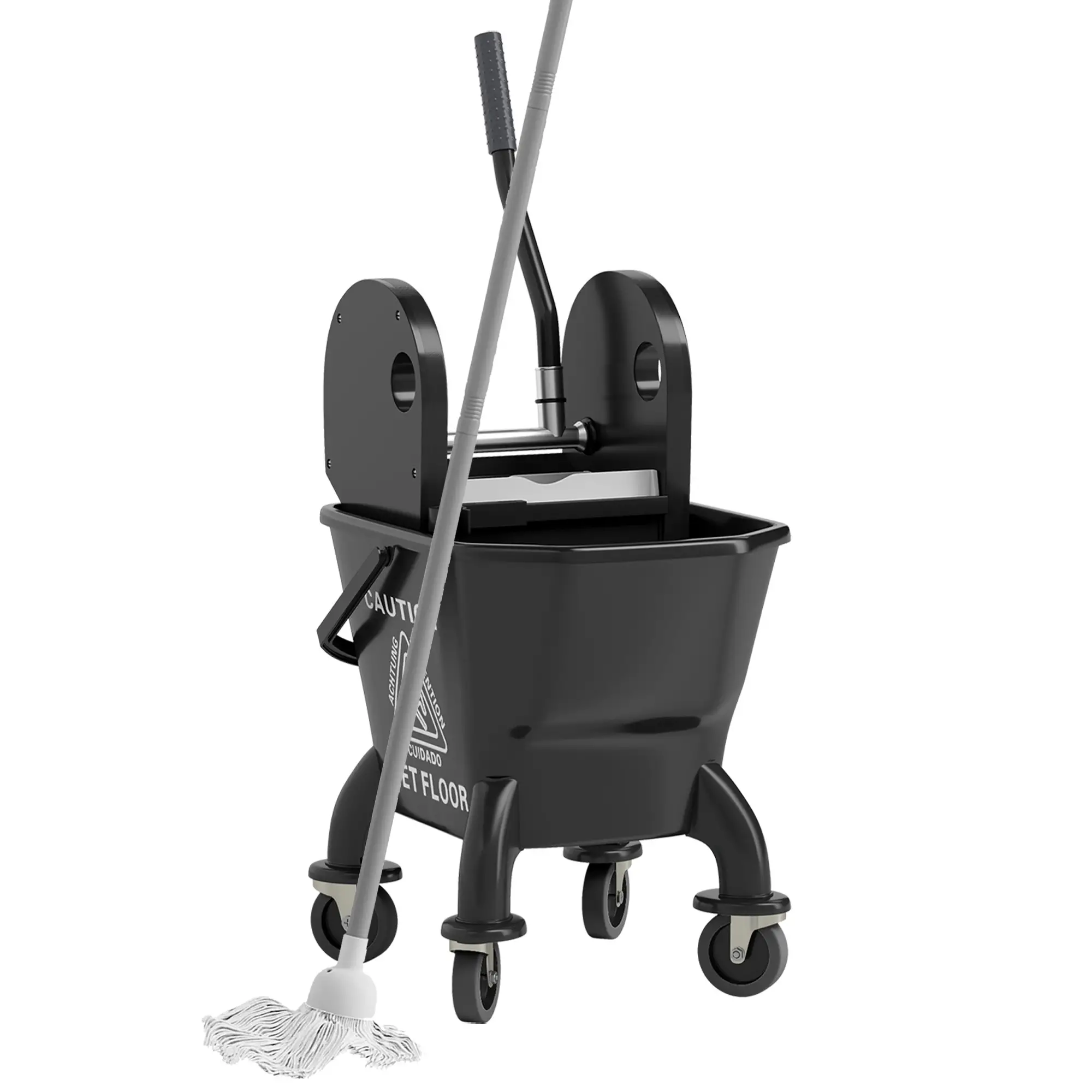 Mop Bucket with Wringer on Wheels for Floor Cleaning, 27.5 Quart Down Press Wringer with Handle & Mop – Black