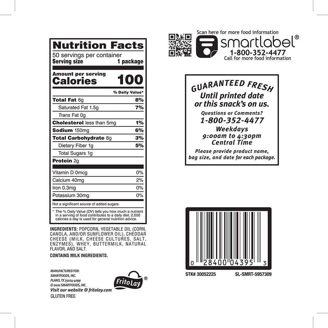 Smartfood Gluten-Free White Cheddar Cheese Popped Popcorn, 0.625 Oz, 50 Count
