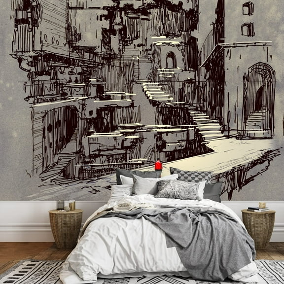 wall26 - Illustration - sci-fi Cityscape,Illustration Painting - Removable Wall Mural | Self-Adhesive Large Wallpaper - 100x144 inches