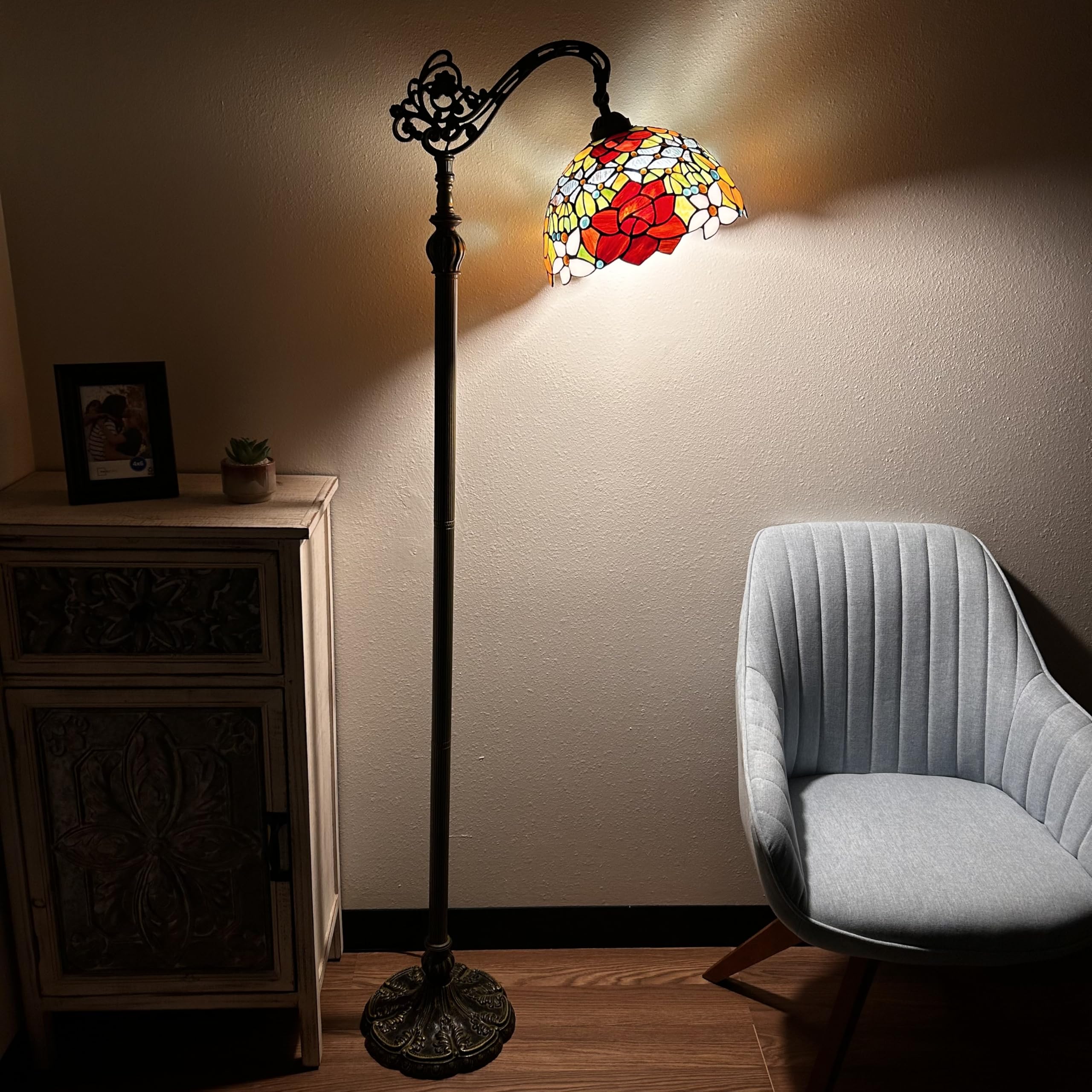 Tiffany Floor Lamp Rose Flowers Pink Orange Stained Glass Gooseneck Adjustable Corner Standing Reading Light 20"W*12"D*63"H