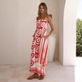 thumbnail image 3 of Women's Red White Tribal Geometric Print Spaghetti Strap Maxi Dress Square Neck Smocked Back Boho Vacation Dress, 3 of 6