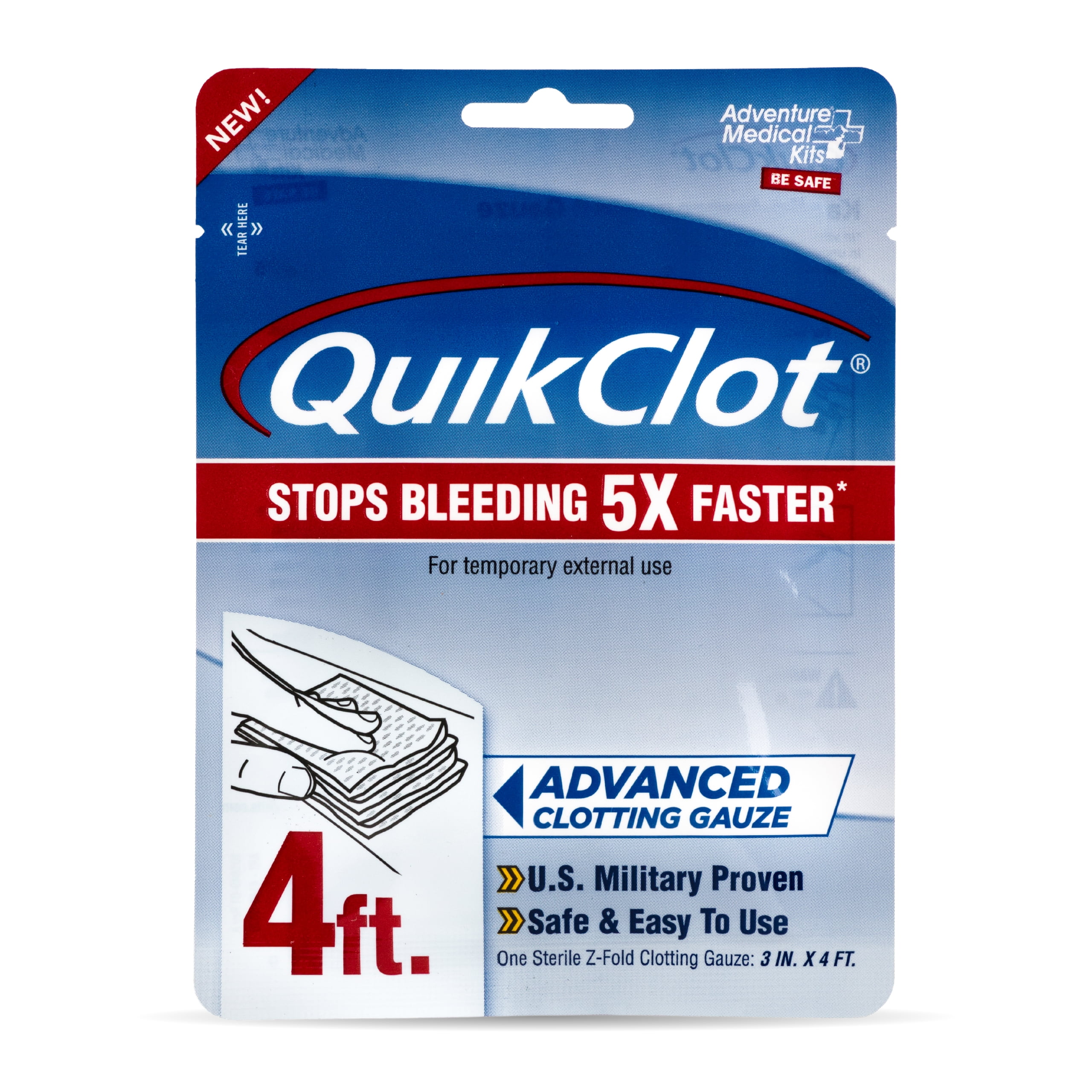 Adventure Medical Kits QuikClot Gauze - Flexible Hemostatic Medical Gauze for Emergency Survival or Disaster Preparedness Kits & More - Stops Bleeding Fast with Kaolin - 3" x 48"