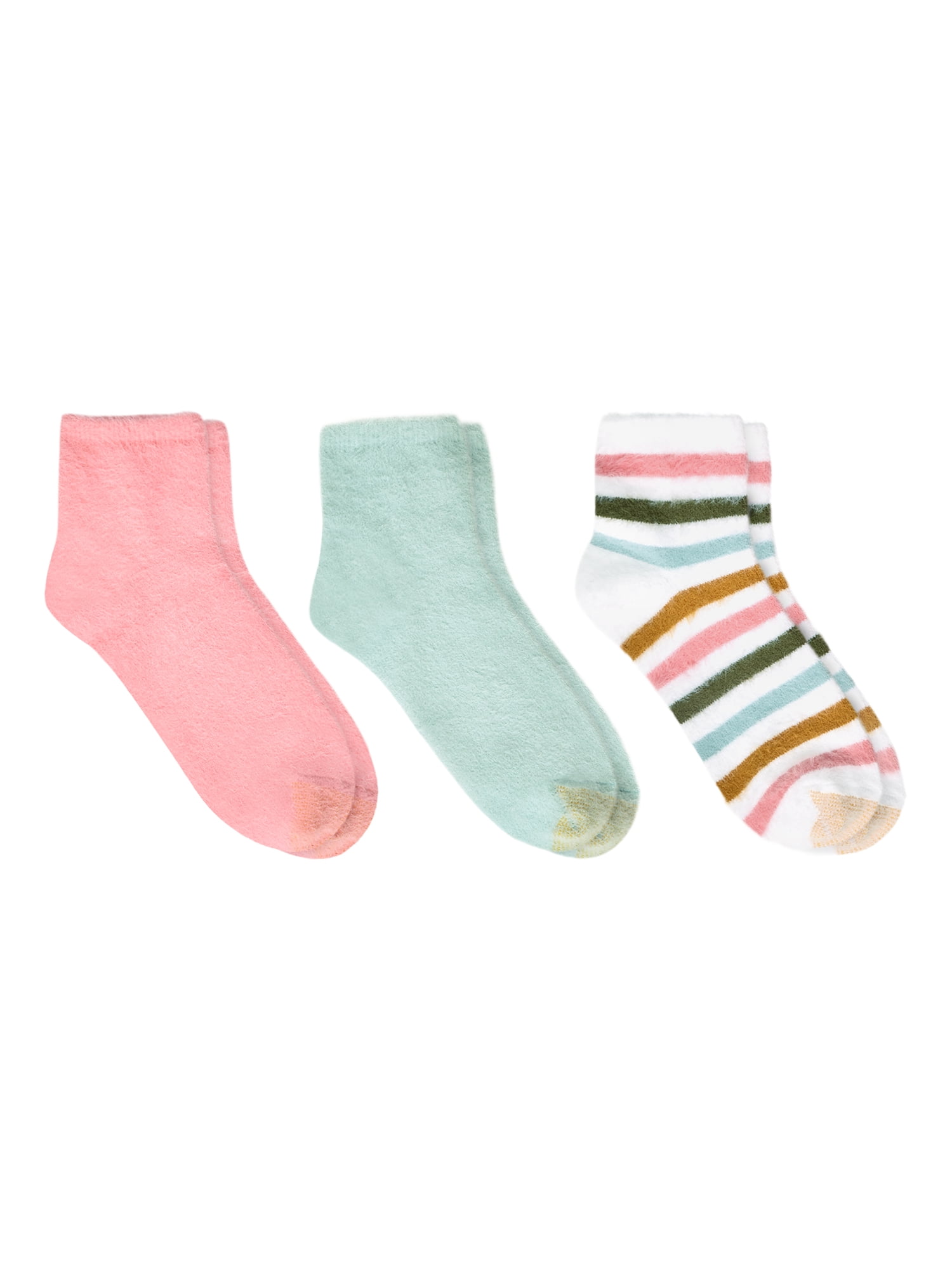 GoldToe Edition Women's Fuzzy Stripe Short Crew Socks Assorted, 3 Pairs, Size 6-9
