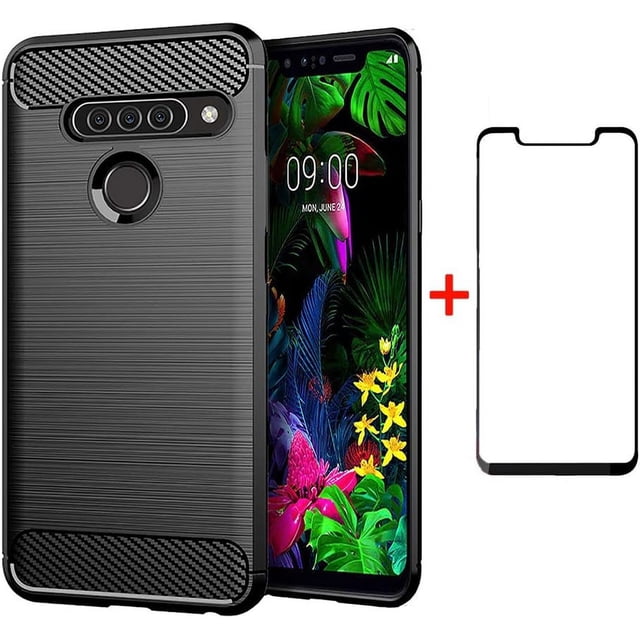 REQO Phone Case for LG G8s ThinQ with Tempered Glass Screen Protector Cover and Cell Accessories Slim Thin Soft TPU Silicone Rugged Rubber Protective LG8S G8Sthinq LGG8Sthinq 8S Cases Women Men Black