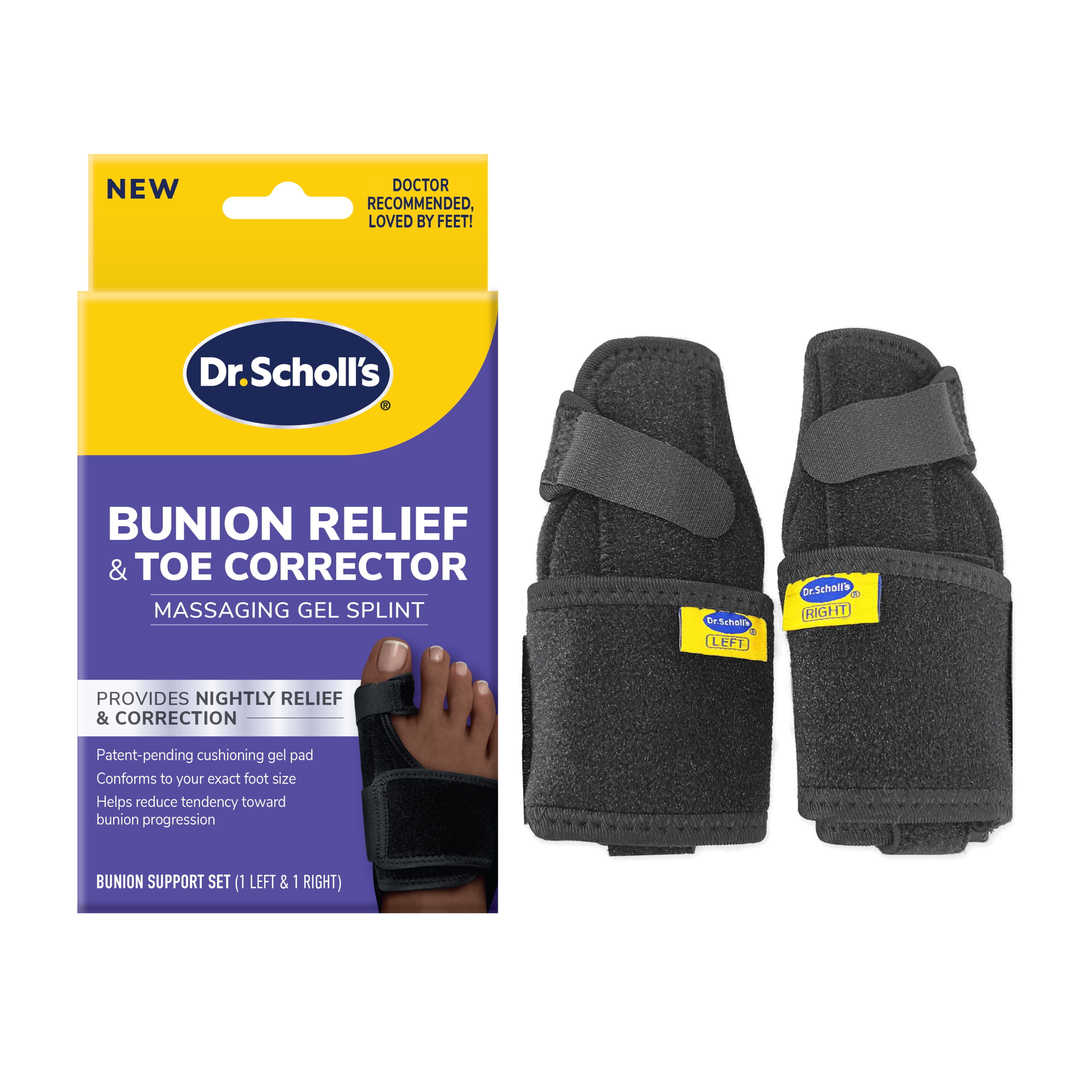 (2 pack) Dr. Scholl's Bunion Relief & Toe Corrector, Massaging Gel Bunion Splint & Big Toe Straightener, 1 Support Set (1 Left, 1 Right)