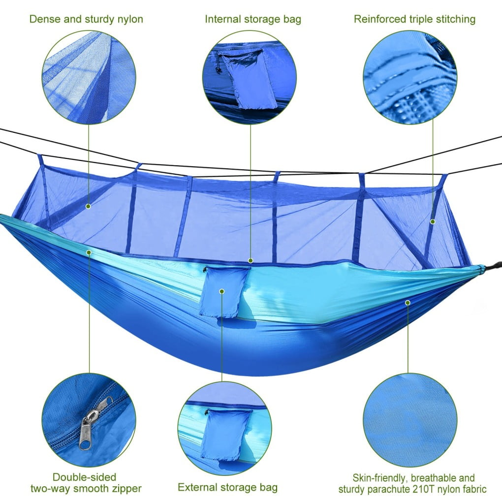 Camping Hammock, Portable Double Hammock with Net,600lbs Load 2 Persons Hammock w/Mosquito Net Outdoor Hiking Camping Hommock Portable Nylon Swing Hanging Bed w/ Strap Hook Carry Bag