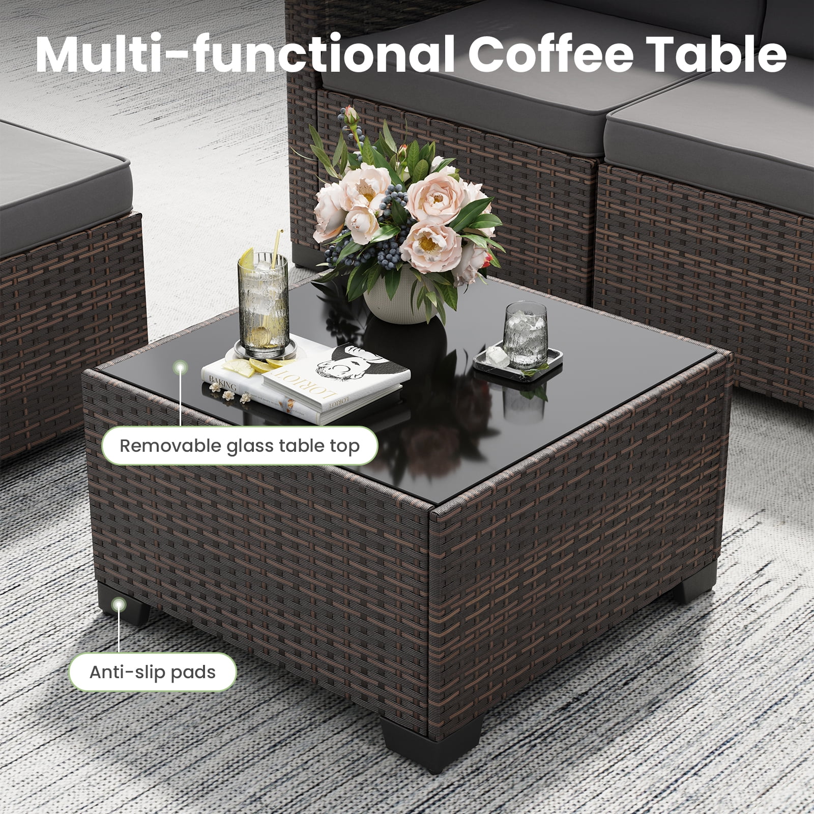 STARY 6 Pieces Outdoor Sectional Sofa with Wide Armrests, Patio Conversation Set, PE Rattan Furniture Set for Backyard, Grey
