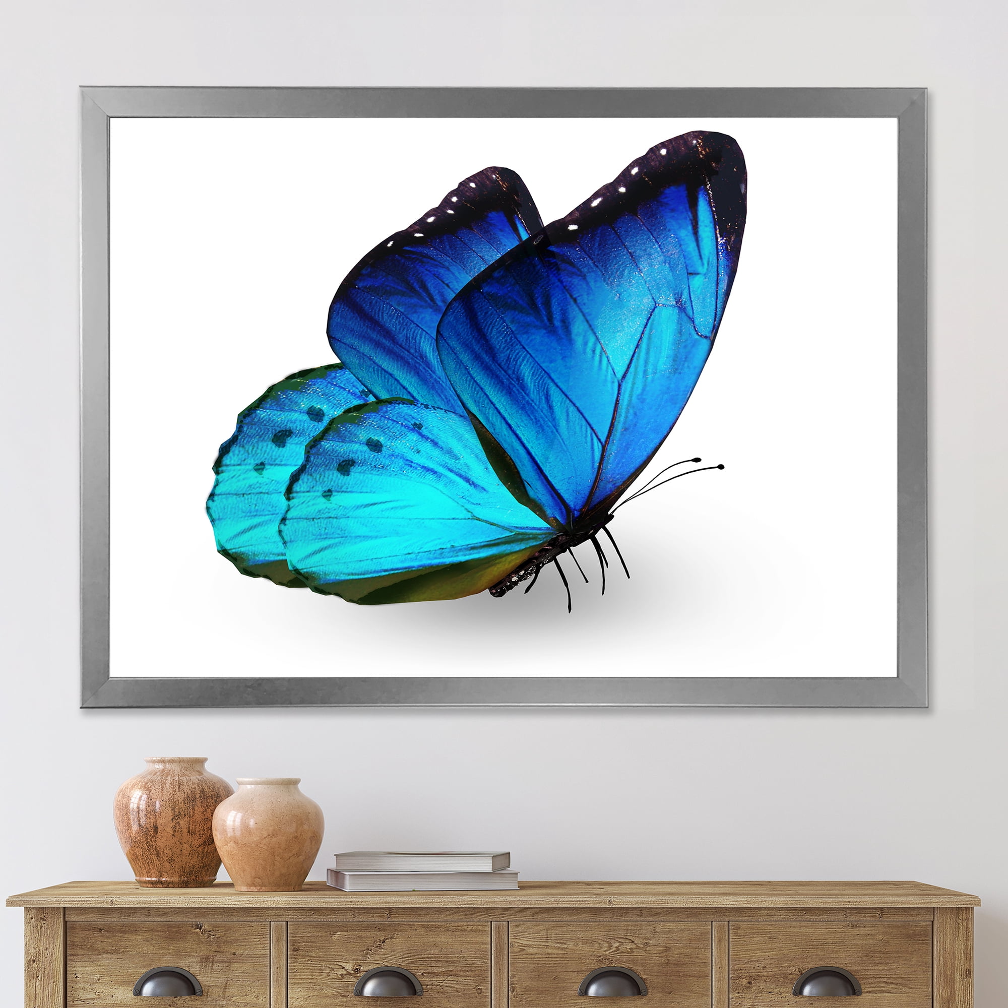 Designart 'Close Up Of Vibrant Blue Butterfly On White' Modern Framed Art Print