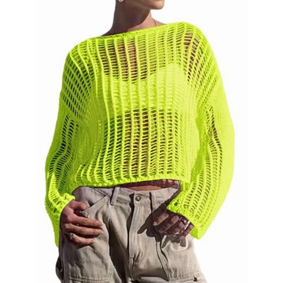 Crochet Cover Ups for Women Hollow Out Swim Cover Up Knit Summer Outfits Fluorescent Green M