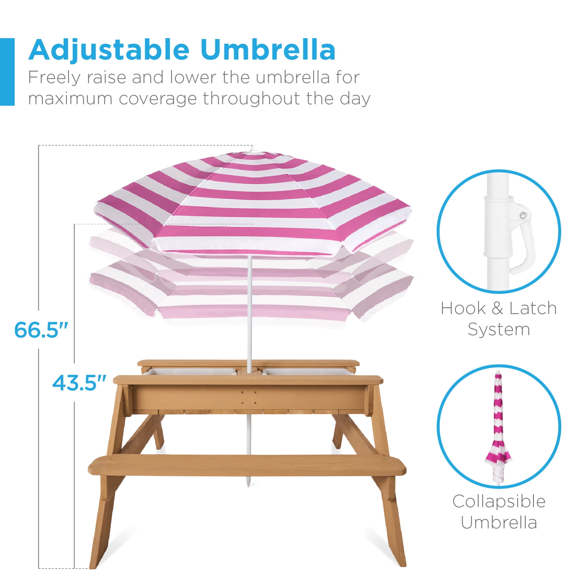 Best Choice Products Kids 3-in-1 Outdoor Sand and Water Activity Picnic Table with Umbrella - Natural/Dark Pink