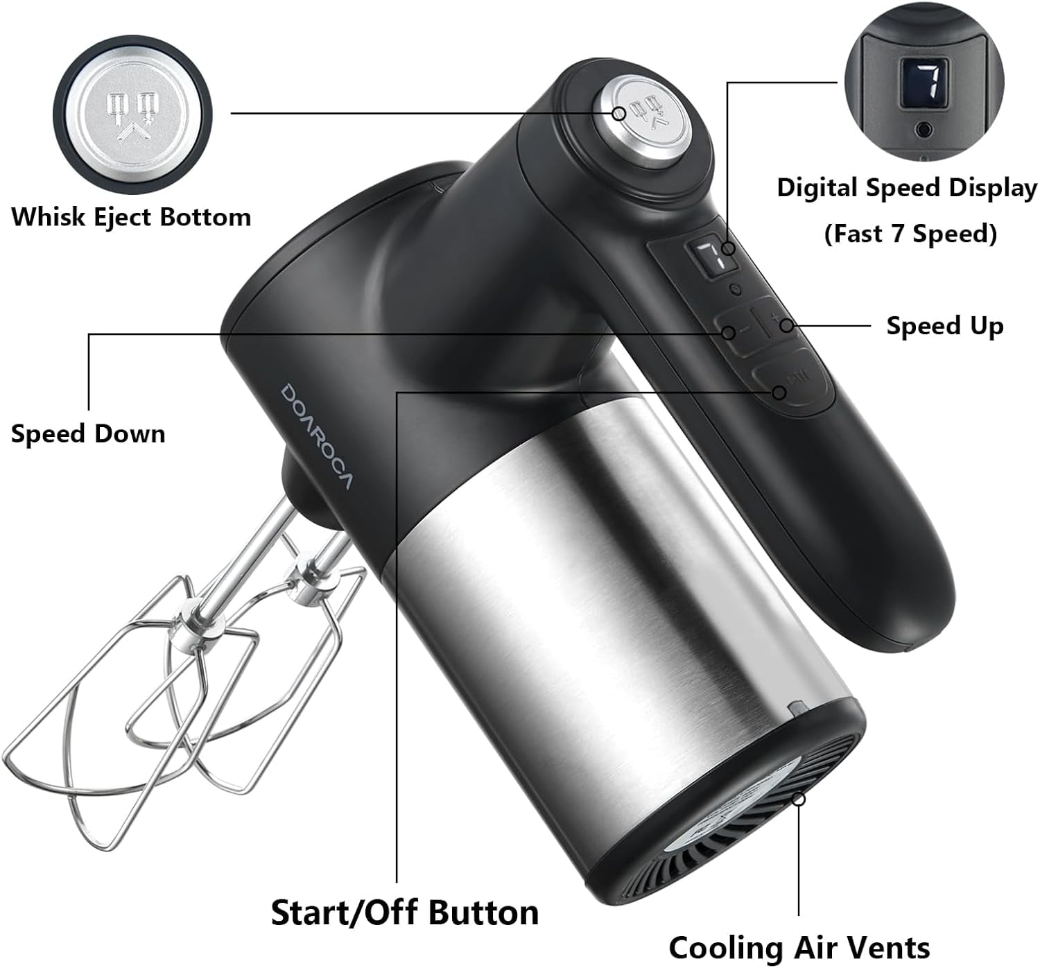 7-Speed Cordless Hand Mixer with Digital Display Rechargeable Electric Mixer Handheld 6 Stainless Steel Accessories Whisks Beaters Dough Hooks Black