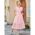 thumbnail image 6 of Women'S Summer Short Sleeve Maxi Dress Casual V Neck Hollow Out Eyelet Ruffle Swing A Line Long Dresses Pink L, 6 of 8