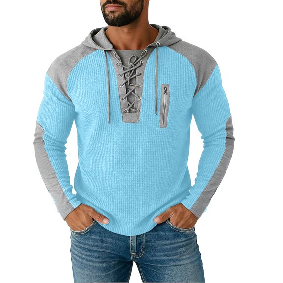 Sweatshirt for Men, Men's Color Block Sweatshirt Hooded Sweater with Lace-Up Neckline, Perfect for Casual and Outdoor Wear Light Blue S
