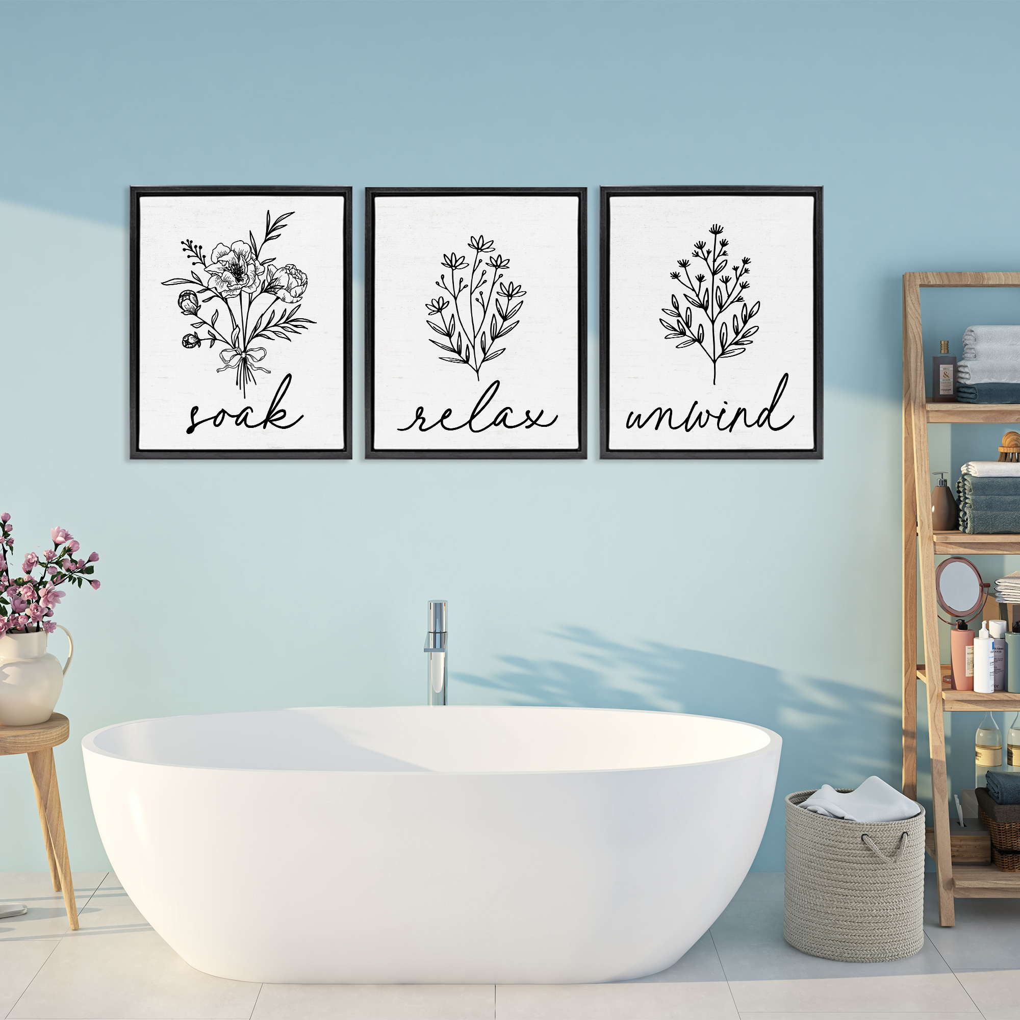 Bathroom Herbs for Relaxation 3 Piece Black Framed Floater Canvas Set, design by Lettered and Lined