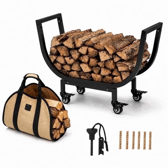 TEIPUERY Firewood Rack Cart with Wheels and Log Carrier Bag, Heavy Duty Wood Storage Holder for Indoor and Outdoor Use