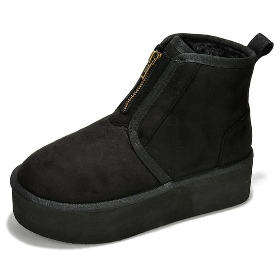 Cape Robbin Women Ankle Boots Flat Heel Platform Flatform Round Toe Warm Fur Front Zipper Light Weight Booties MIANE Black Suede 8.5