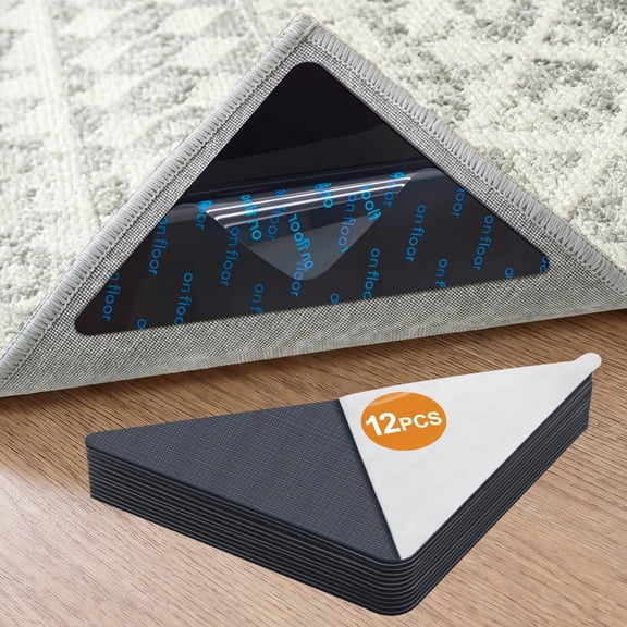 12 Pcs Rug Tape,Anti Slip Rug Pads Grippers for Hardwood Floors and Tiles,No Residue,Reusable Carpet Tape for Area Rugs, Double-Sided Adhesive Rug Stickers