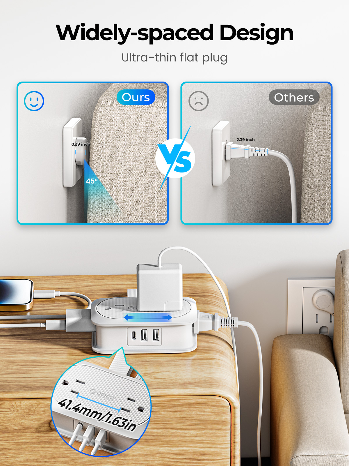 ORICO Travel Power Strip with USB Ports 4 Outlet Power Strip Flat Plug with Smart 3 USB,3.18ft Extension Cord Outlet Extender for Travel/Home /Office
