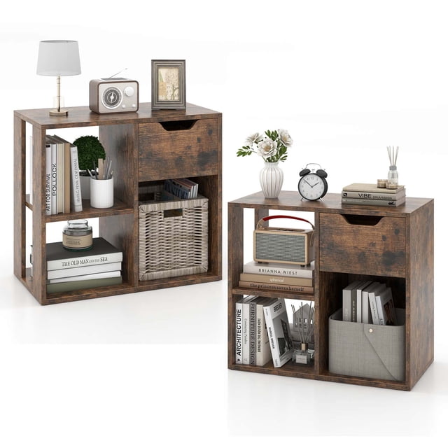 Costway 2 PCS 3-Cube Bookshelf 2-Tier Open Shelf Bookcase with Drawer Home Storage Organizer