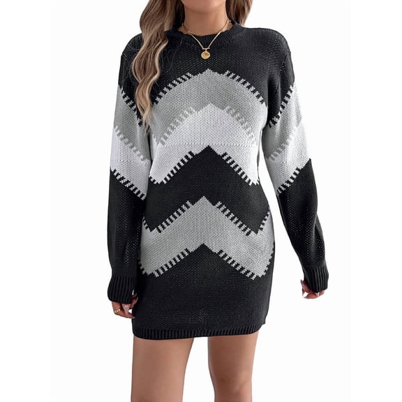 Women Sweater Dress Color Block Casual Fall Long Sleeve Knit Crewneck Short Dresses