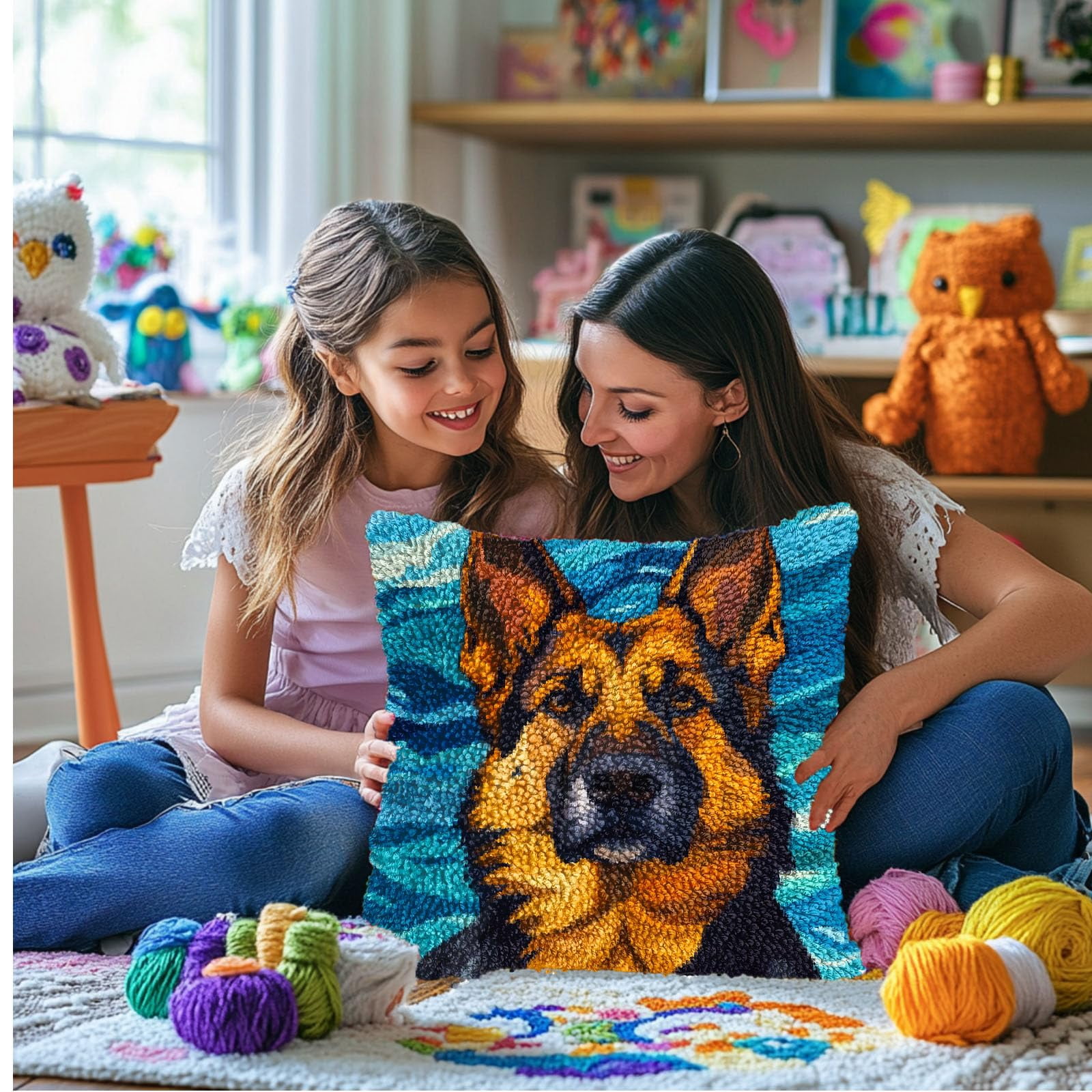 DIY Latch Hook Pillow Kits for Adults German Shepherd Dog Printed Pillowcase Crochet Yarns Hooking Handmade Pillow Cover Cushion for Home Sofa Decoration 17x17inch-1