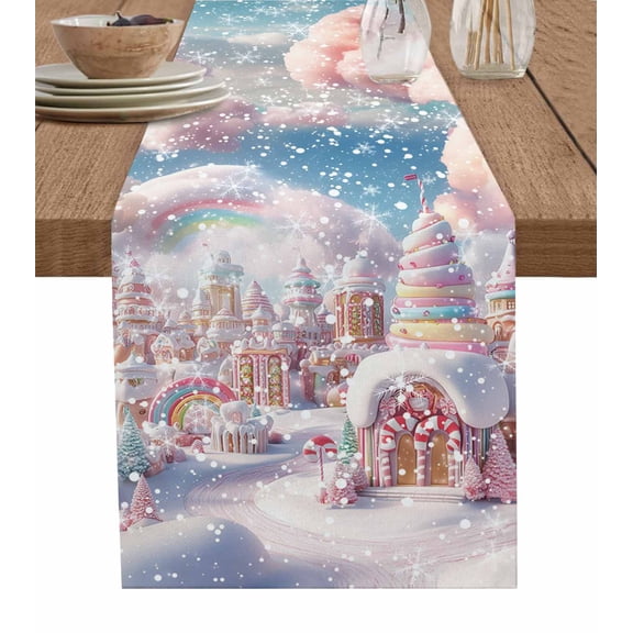 Ldtrchee Pink Christmas Table Runner 48 Inches, Blue Sky Xmas Tree Snowflake Bed Runner Dresser Scarves Tabletop for Indoor Outdoor Parties/Ceremony/Banquet, 13" x 48"