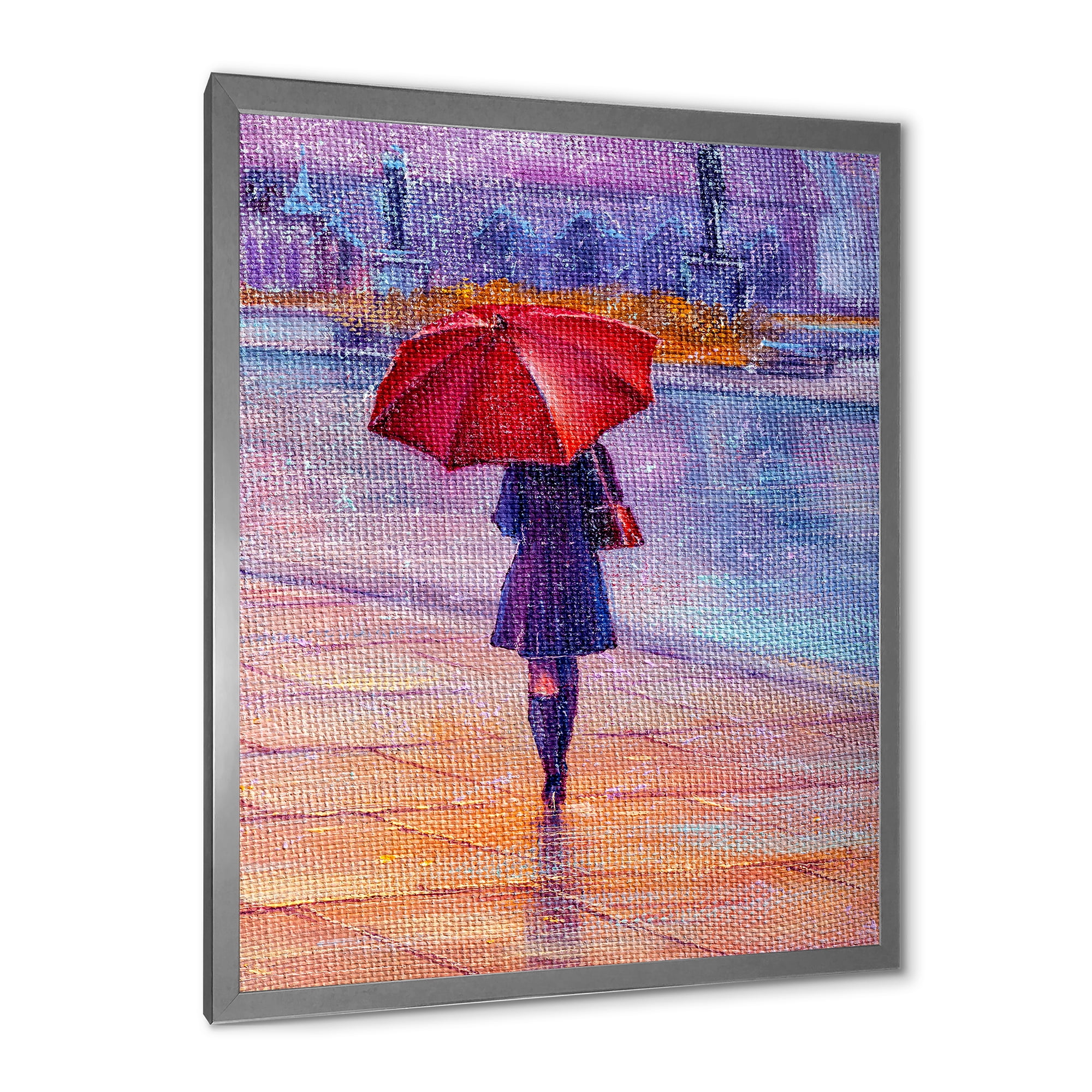 Designart 'Girl Walking With Red Umbrella Under The Rain' French Country Framed Art Print