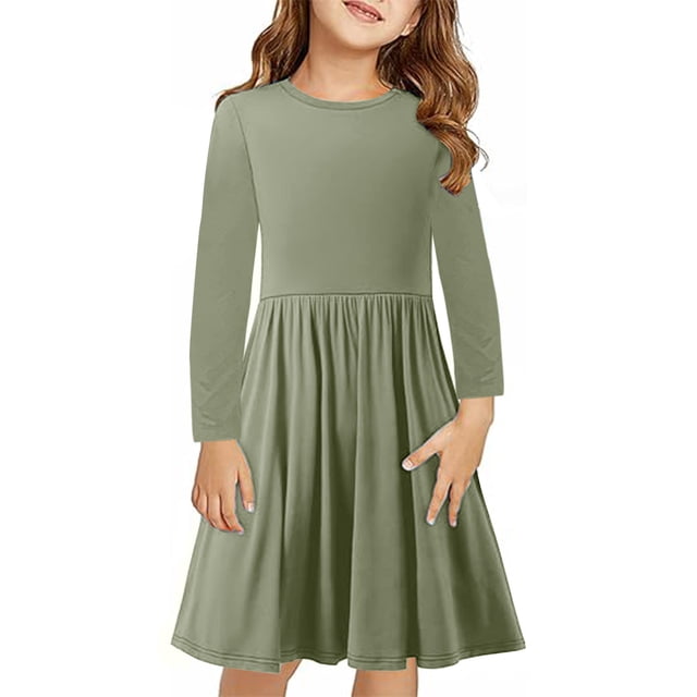 AherBiu Robe à Manches Longues pour Filles, Col Rond, Basique, Légère, Automne Hiver, Décontractée, Confortable, Couleur Unie