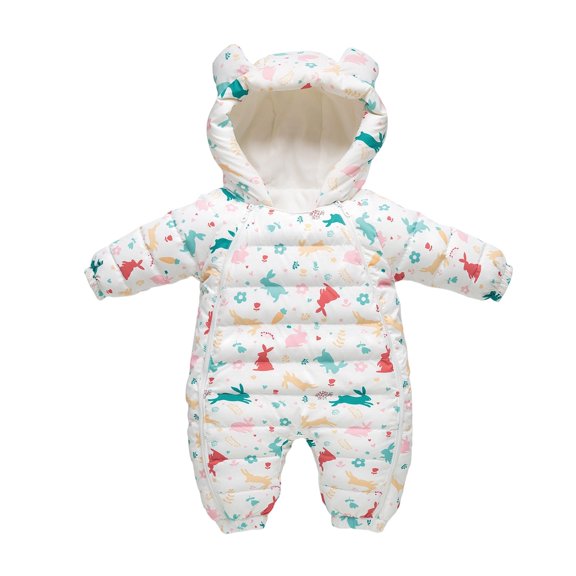 QSXADF Toddler Boy Girl Snowsuit Winter Thick Warm Romper Plushed Graphic Quilted Hooded Long Sleeve Warm Outdoor Romper Little Kid's Jumpsuits