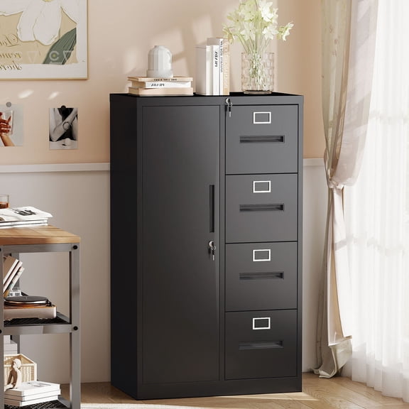 S-HOME Modern Metal Vertical Filing Cabinet with 4 Drawers, Locking System and Storage for Home and Office Storage, Black