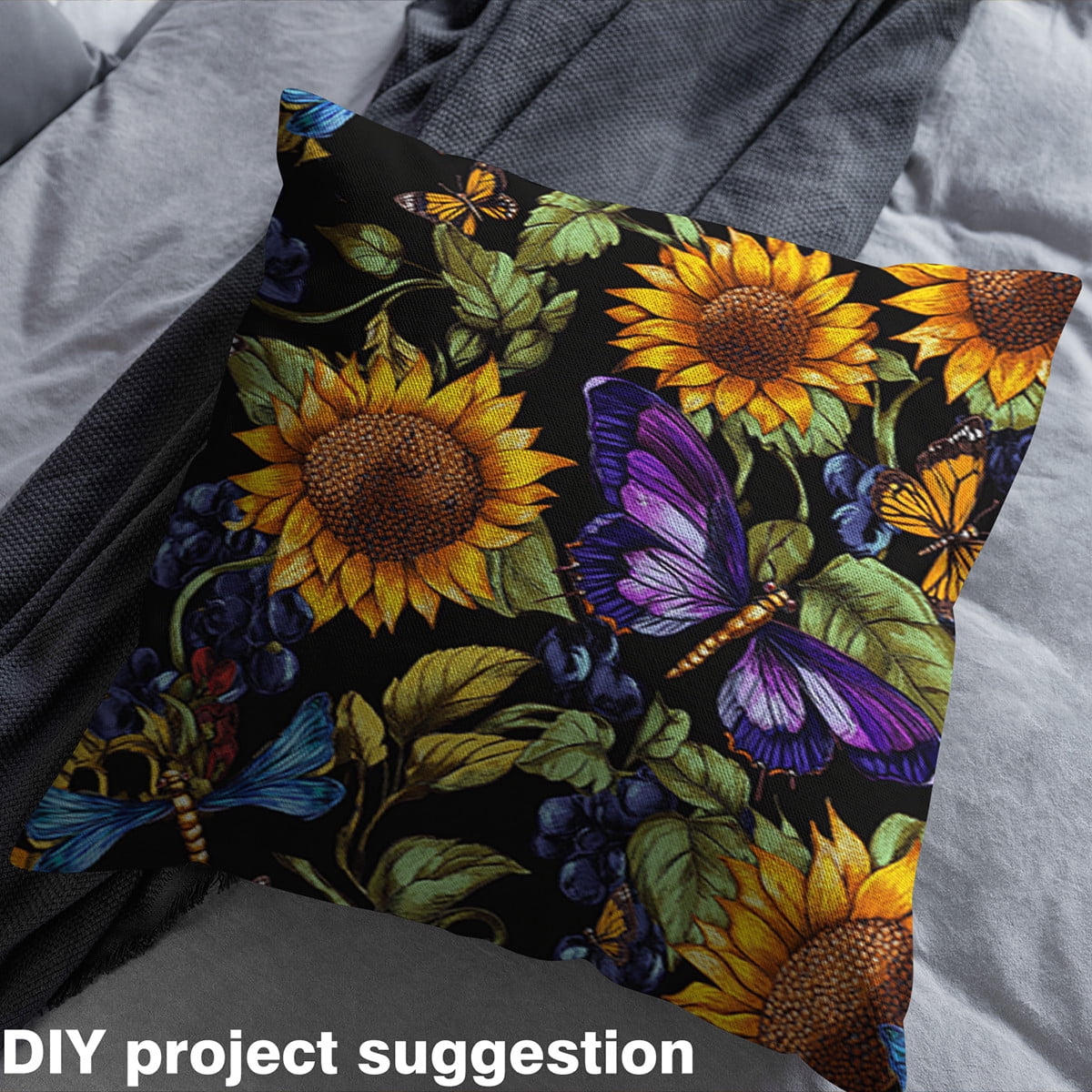 jejeloiu Sunflower Butterfly Fabric by the Yard 1 Yard,Chic Flower Floral Home Decor Fabric by the Yard,Orange Green Purple Sewing Fabric For Girls Boys,Breathable Home Decor