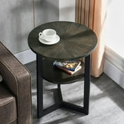 MODERION Small Round End Table with Storage Shelf, Circular Solid Wood Sofa Side Metal Leg, 2-Tier Telephone Table, Nightstand, 24''H x 19.3''D for Living Room Bedroom Entryway Brushed Black BZ1338BK