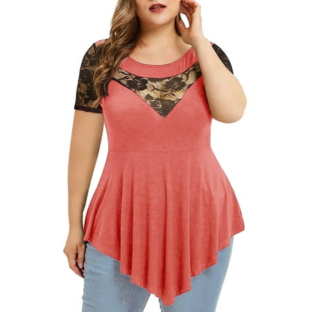Women Plus Size Top Short Sleeve Lace Patchwork Pleated Asymmetric Tunic Tops Dressy Casual Sexy Babydoll Tee Blouse