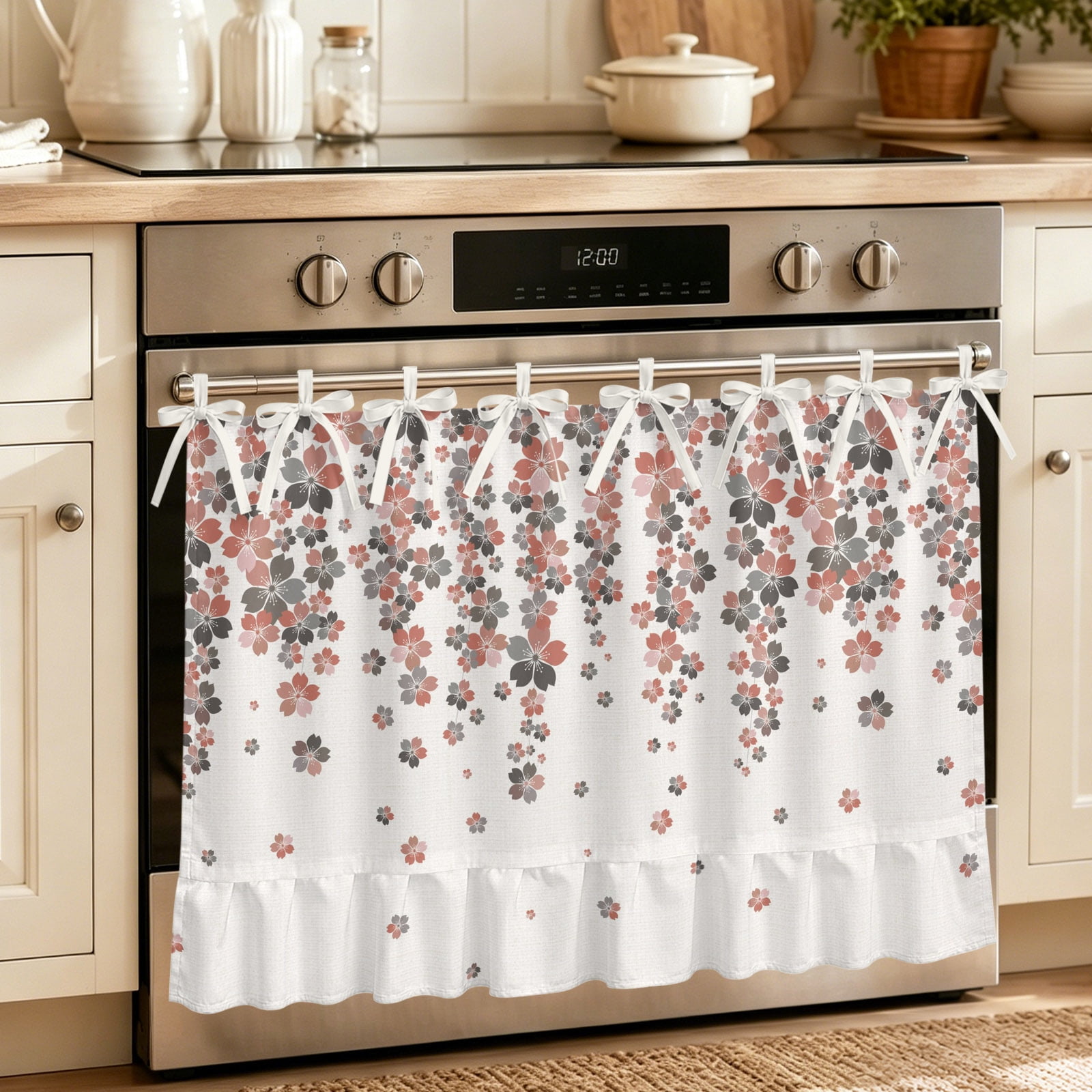 Oven Skirt Curtain for Kitchen 20x27 Inch Spring Floral Oven Curtain with 8 Ribbon Ties & Ruffle Trim Stove Skirt Curtain Dishwasher for Cabinets Over Sinks Red Gray Cherry Flowers Blossom Beige
