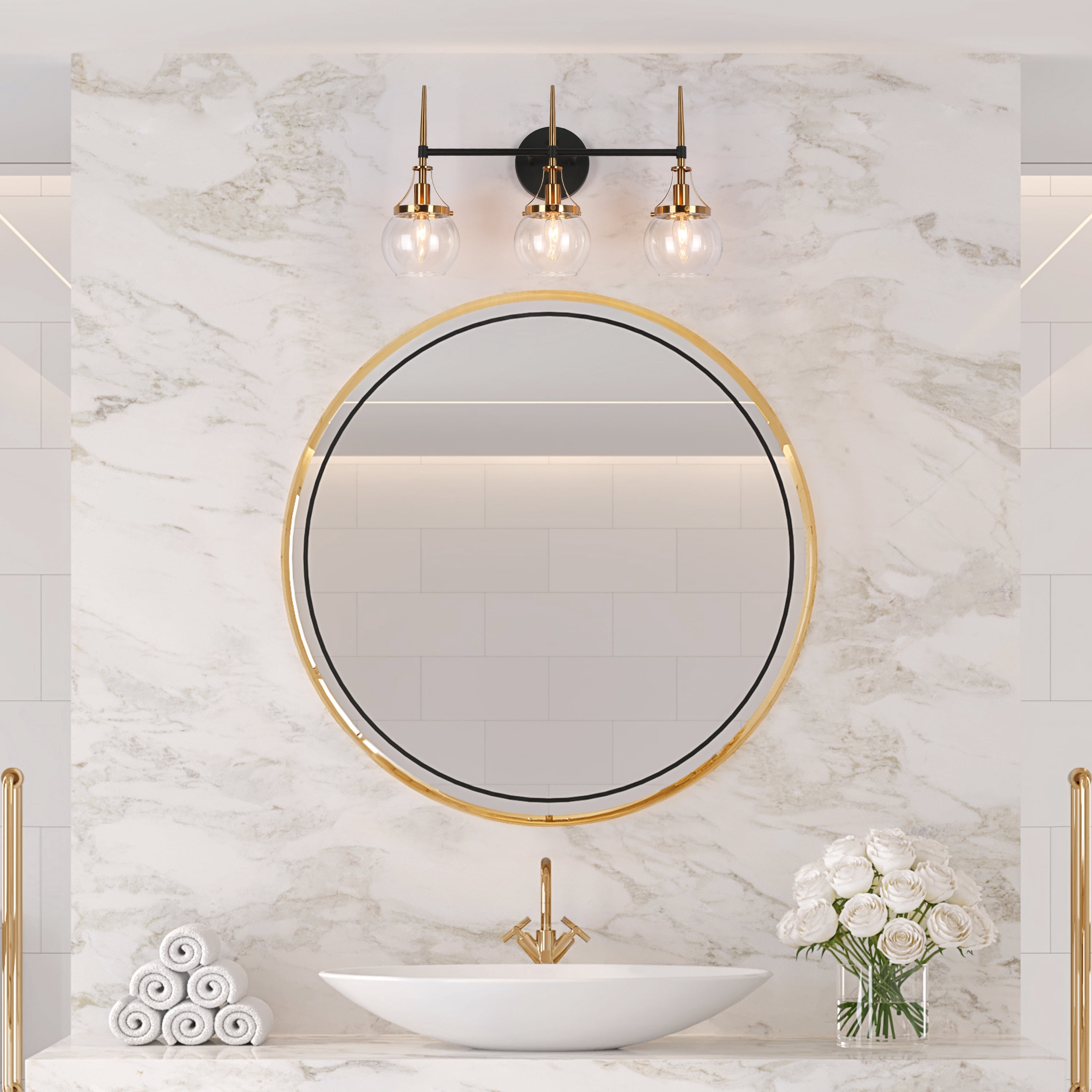 LNC Modern 3-Light Black and Gold Vanity Light with Globe Glass, 22-Inch Bathroom Fixture