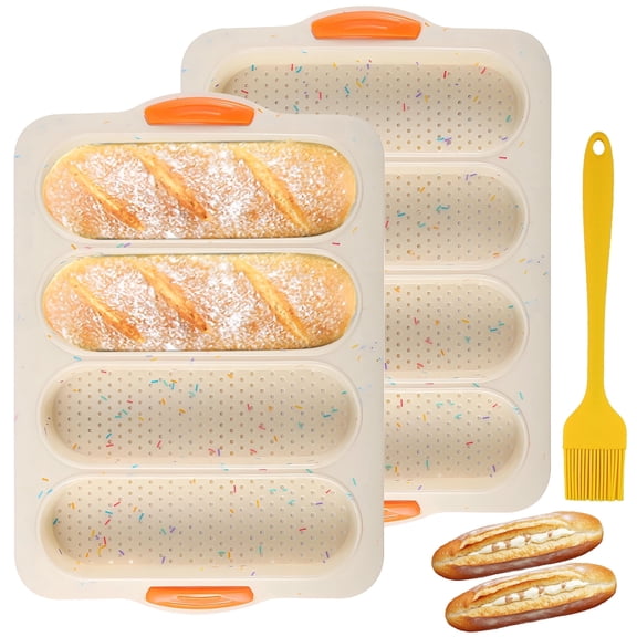 VEGCOO 2 Pack Silicone Baguette Bread Pan, 4-Slot Non-Stick French Bread & Hot Dog Bun Mold, Heat Resistant Loaf Baking Pan with Brush for Homemade Baking Bread, 8 Loaves Total, Beige