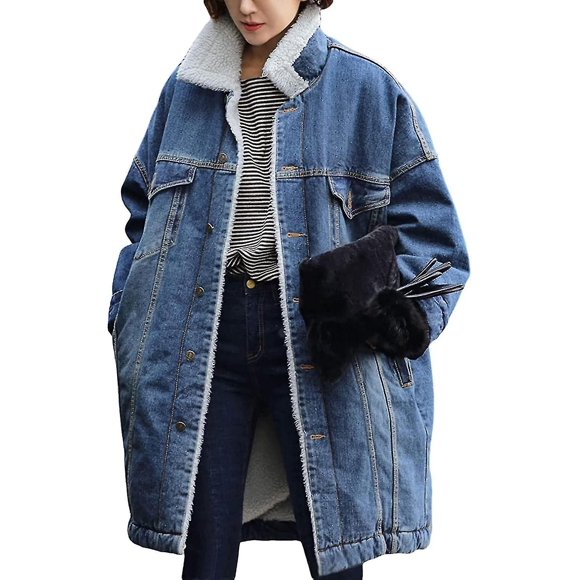 Women's Thick Fleece Lined Button Down Mid Long Quilted Denim Jacket Overcoat