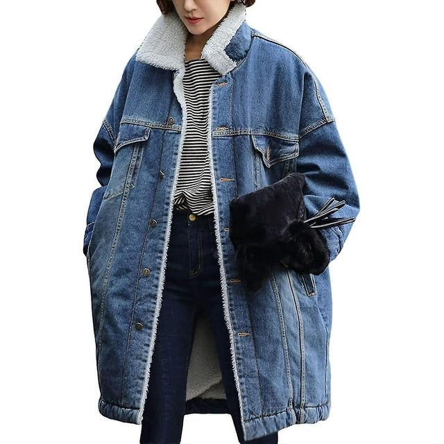 Manteau en Denim Matelassé Mi-Long pour Femmes, Épais, Doublé en Molleton, à Boutons