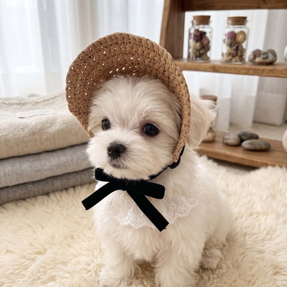 Dog Hats Breathable Straw Pet Sun Hat with Ear Holes Adjustable Summer Cat and Small Dog Sombrero Cute Pet Beach Hat for Outdoor Walks and Photoshoots