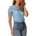 thumbnail image 4 of Blusas de Chiffon para Mujeres INSPIRE CHIC de Manga Corta, Camisas de Trabajo con Estampado Floral, Color Azul Cielo, Talla M, 4 of 6