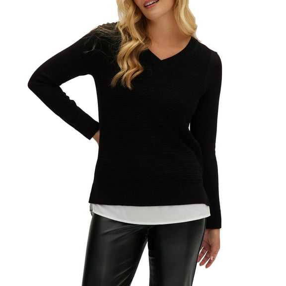 Hilary Radley Women's V Neck Layered 2fer Sweater (Black, Large)