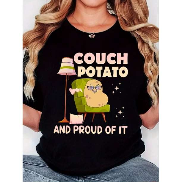 Women'S T-Shirt, "Human POTATO with Glasses Desk Lamp COUCH POTATO" Print, Retro Minimalist Fashion, Round Neck, Casual Comfort, Sports Short-Sleeved T-Shirt